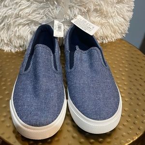 NWT Boys Chambray with Faux Brown Leather heel accent Slip Ons